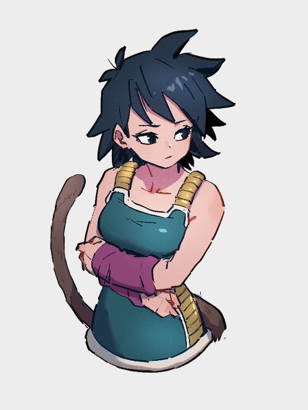 1girl black_eyes black_hair closed_mouth dragon_ball dragon_ball_minus gine grey_background kemachiku looking_to_the_side monkey_tail saiyan saiyan_armor short_hair simple_background solo tail