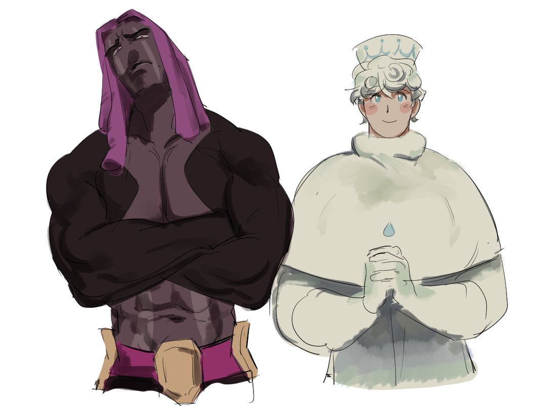 2boys blush_stickers closed_mouth cookie_run cookie_run:_kingdom crossed_arms dark-skinned_male dark_skin dreadlocks gloves humanization insam long_hair looking_at_viewer male_focus milk_cookie multiple_boys muscular muscular_male parted_lips purple_hair purple_yam_cookie shawl short_hair shrug_(clothing) simple_background smile white_background white_gloves white_hair white_shawl