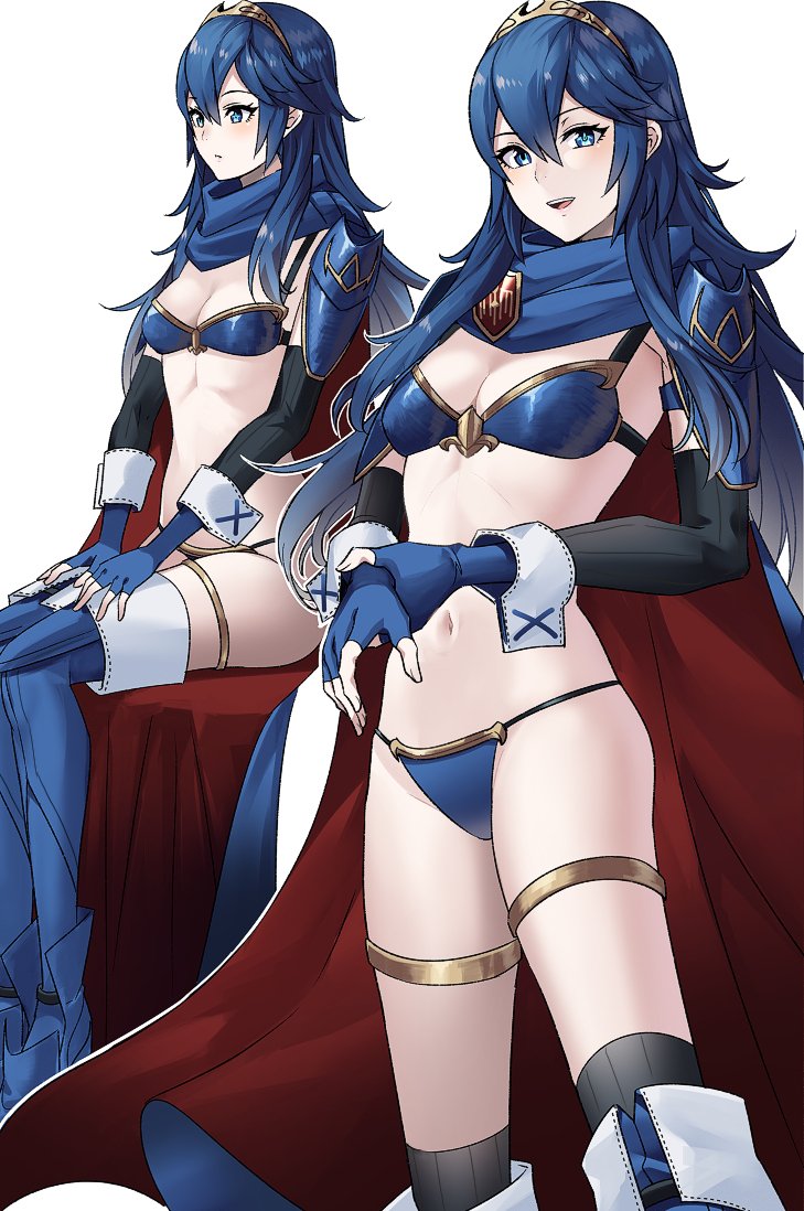 1girl @storm5958 alexis_tipton ameno_(a_meno0) armor armored_boots bikini blue_bikini blue_eyes blue_hair blush boots breasts cape elbow_gloves fingerless_gloves fire_emblem fire_emblem_awakening gloves hair_ornament hands_on_own_thighs jake_brito kobayashi_yu laura_bailey long_hair lucina_(fire_emblem) multiple_views navel nintendo open_mouth shoulder_armor simple_background sitting small_breasts smile standing swimsuit symbol-shaped_pupils thigh_boots thighhighs tiara very_long_hair voice_actor_connection white_background