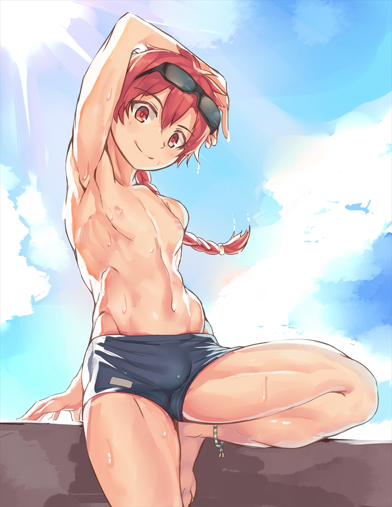 1boy against_wall alexander_(chaldea_beach_volleyball)_(fate) alexander_(fate) ankleband arm_behind_head arm_support armpits barefoot blue_male_swimwear blue_sky blue_swim_trunks braid bulge day diffraction_spikes eyewear_on_head fate/grand_order fate_(series) groin_tendon leg_up long_hair looking_at_viewer male_focus male_school_swimsuit male_swimwear name_tag nayoshi_(r-744) nipples outdoors red_eyes red_hair single_braid sky smile solo standing standing_on_one_leg sun sunglasses swim_trunks swimsuit wall wet