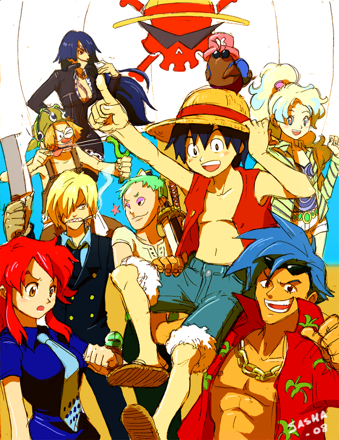 00s 2008 3girls 5boys adiane angry announcer_guy attenborough_cortitch bad_deviantart_id bad_id blonde_hair blue_hair boota_(ttgl) chain chain_necklace cigarette cosplay eyewear_on_head flag franky_(one_piece) franky_(one_piece)_(cosplay) green_hair hair_over_one_eye hat hawaiian_shirt jewelry kamina_(ttgl) katana leeron_littner log_pose long_hair look-alike monkey_d._luffy monkey_d._luffy_(cosplay) multiple_boys multiple_girls nami_(one_piece) nami_(one_piece)_(cosplay) nami_(one_piece)_(water_7) necklace necktie nefertari_vivi nefertari_vivi_(cosplay) nia_teppelin nico_robin nico_robin_(cosplay) nico_robin_(water_7) one_eye_closed one_piece open_clothes open_shirt oversized_limbs parody red_hair roronoa_zoro roronoa_zoro_(cosplay) sanji_(one_piece) sanji_(one_piece)_(cosplay) shirt signature simon_(ttgl) skull_and_crossbones slingshot_(weapon) smoking straw_hat sunglasses sword tengen_toppa_gurren_lagann tony_tony_chopper tony_tony_chopper_(cosplay) usopp usopp_(cosplay) viral_(ttgl) weapon wink yoko_littner