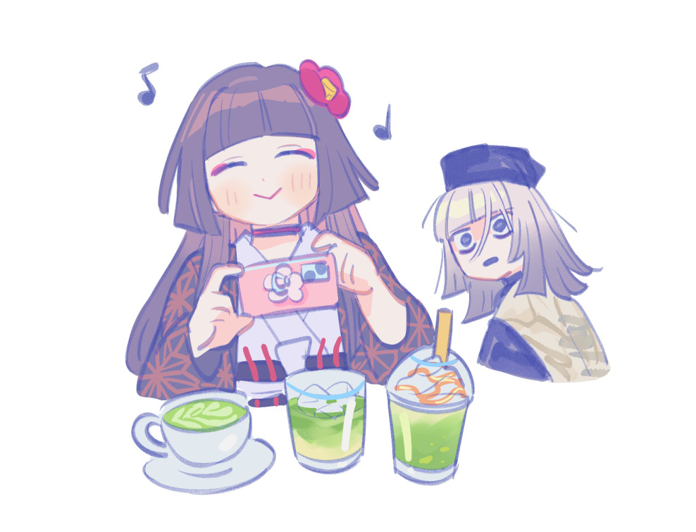 2girls black_eyes black_kimono blunt_bangs blush camellia chajinbou closed_eyes cup disposable_cup drinking_straw eyeliner fate/grand_order fate_(series) flower glass gradient_hair green_tea hime_cut holding holding_phone horrified japanese_clothes kimono komahime_(fate) looking_at_another makeup messy_hair multicolored_hair multiple_girls musical_note obi oneroom-disco phone right-over-left_kimono sash sen_no_rikyu_(fate) sen_no_rikyu_(second_ascension)_(fate) simple_background smile tea white_background