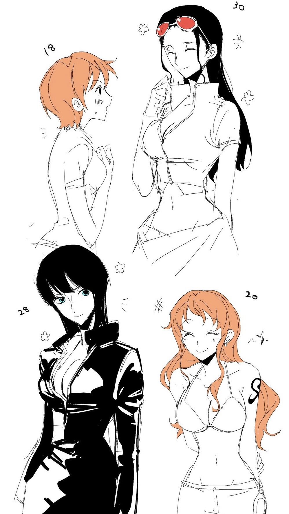 +++ 2girls ^_^ bikini bikini_top_only black_hair blue_eyes blunt_bangs blush character_age closed_eyes cropped_jacket dress earrings eyewear_on_head highres jewelry kurenaikiyumi long_hair medium_hair midriff multiple_girls nami_(one_piece) nami_(one_piece)_(east_blue) nami_(one_piece)_(return_to_sabaody) navel nico_robin nico_robin_(return_to_sabaody) nico_robin_(water_7) notice_lines one_piece shoulder_tattoo smile sparkle spot_color sunglasses swimsuit tattoo