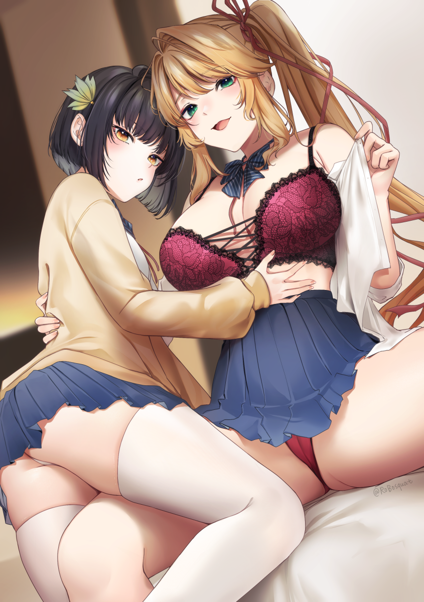 2girls :o ass black_hair blonde_hair blue_skirt bow bowtie bra cardigan carrot_(robosquat) dress_shirt flower from_side green_eyes hair_flower hair_ornament hair_ribbon hand_on_another&#039;s_back hand_on_another&#039;s_stomach highres lace lace_bra long_hair looking_at_viewer looking_to_the_side multiple_girls open_clothes open_mouth open_shirt open_skirt original panties parted_lips pleated_skirt red_bra red_panties red_ribbon ribbon school_uniform shirt short_hair signature single_hair_intake sitting skindentation skirt smile spread_legs striped_bow striped_bowtie striped_clothes thighhighs twintails twitter_username underwear undressing very_long_hair white_panties white_shirt white_thighhighs yellow_cardigan yellow_eyes