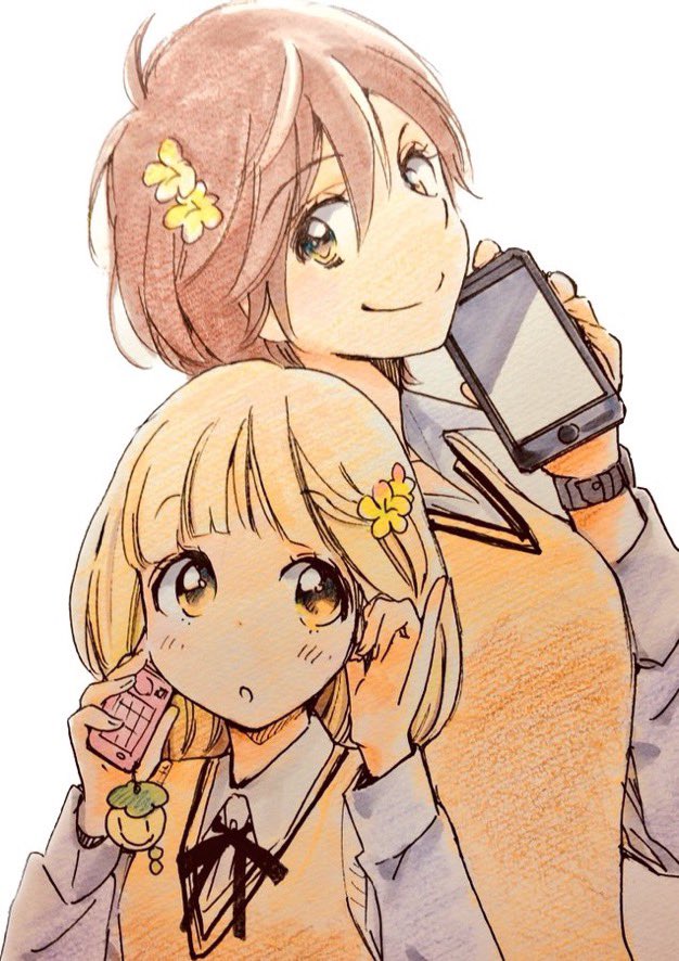 2girls :o asagao_to_kase-san blonde_hair brown_hair cellphone flower hair_flower hair_ornament height_difference holding holding_phone kase_tomoka multiple_girls official_art phone school_uniform smartphone smile takashima_hiromi watch wristwatch yamada_yui