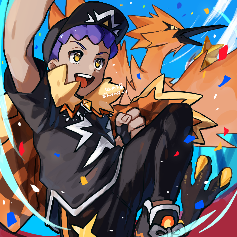 1boy :d arm_up black_headwear black_pants black_shirt clenched_hand commentary_request dark-skinned_male dark_skin day galarian_form galarian_zapdos gen_8_pokemon hat hop_(champion)_(pokemon) hop_(pokemon) kienai_11 legendary_pokemon male_focus nintendo official_alternate_costume open_mouth outdoors pants pokemon pokemon_(creature) pokemon_masters_ex purple_hair shirt shoes short_hair short_sleeves sky smile t-shirt teeth tongue twitter_username upper_teeth_only watermark yellow_eyes