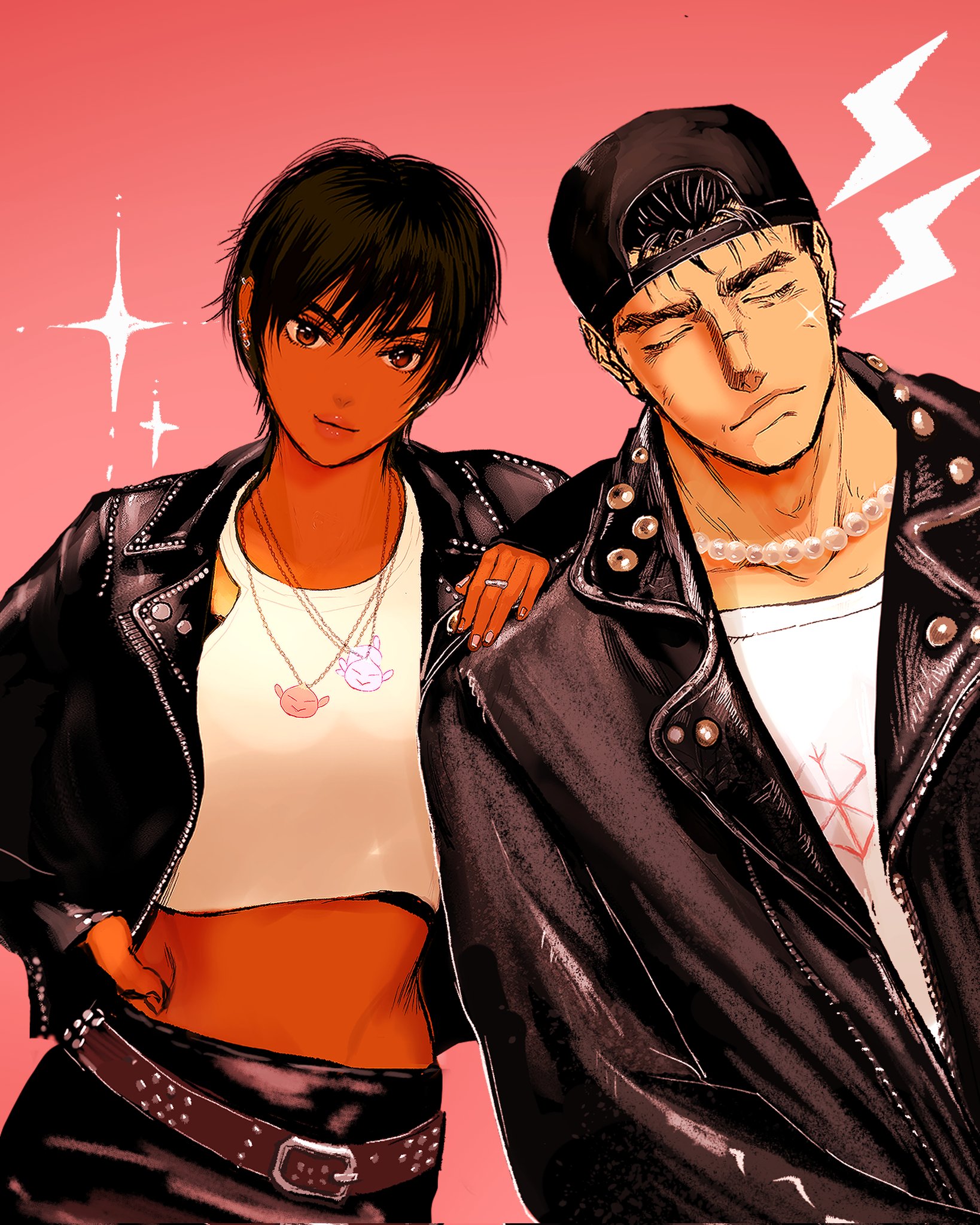 1boy 1girl apt._(rose_&_bruno_mars) baseball_cap belt berserk black_hair black_hat black_jacket black_skirt brown_eyes casca_(berserk) closed_eyes closed_mouth crop_top dark-skinned_female dark_skin guts_(berserk) hat highres jacket jewelry leather leather_jacket leather_skirt necklace nisino2222 pearl_necklace ring shirt short_hair skirt studded_belt white_shirt