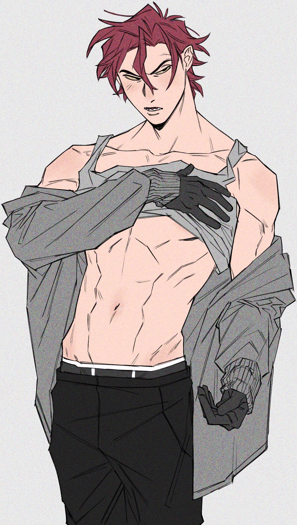 1boy black_gloves black_male_underwear black_pants cardigan chicken_little clothes_lift collarbone flat_color foxy_loxy gloves grey_cardigan grey_tank_top grimace highres humanization long_sleeves male_focus male_underwear male_underwear_peek navel open_mouth pants red_hair shirt_lift short_hair solo tank_top underwear uochandayo