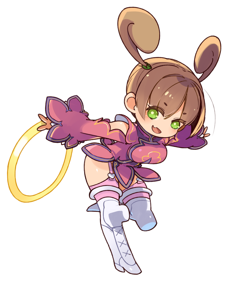 1girl :d boots breasts brown_hair capcom chibi dress full_body green_eyes june_lin_milliam long_hair looking_at_viewer mota open_mouth simple_background smile solo star_gladiator thigh_boots thighhighs twintails weapon white_background