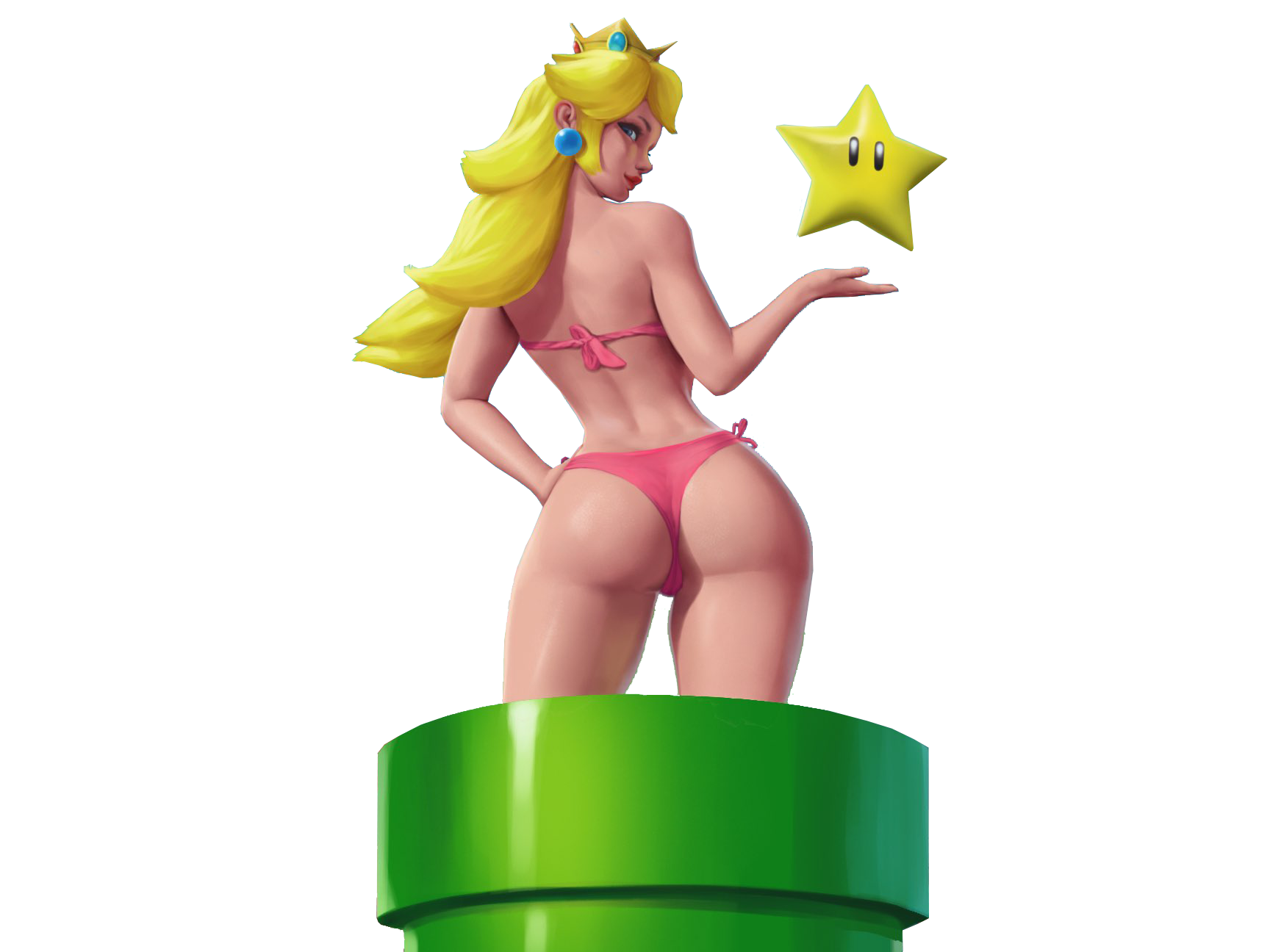 1girl anziosta ass bikini blonde_hair blue_eyes hand_on_own_hip highres industrial_pipe legs long_hair looking_at_viewer looking_back mario_(series) nintendo pink_bikini pink_lips princess princess_peach smile solo super_star_(mario) super_mario_bros._1 swimsuit thighs thong_bikini warp_pipe