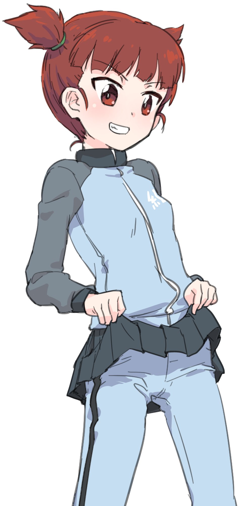 1girl blush breasts brown_eyes brown_hair girls_und_panzer grin highres keizoku_military_uniform mikko_(girls_und_panzer) military_uniform monolith_(suibou_souko) pants short_hair simple_background small_breasts smile solo track_pants track_suit twintails white_background