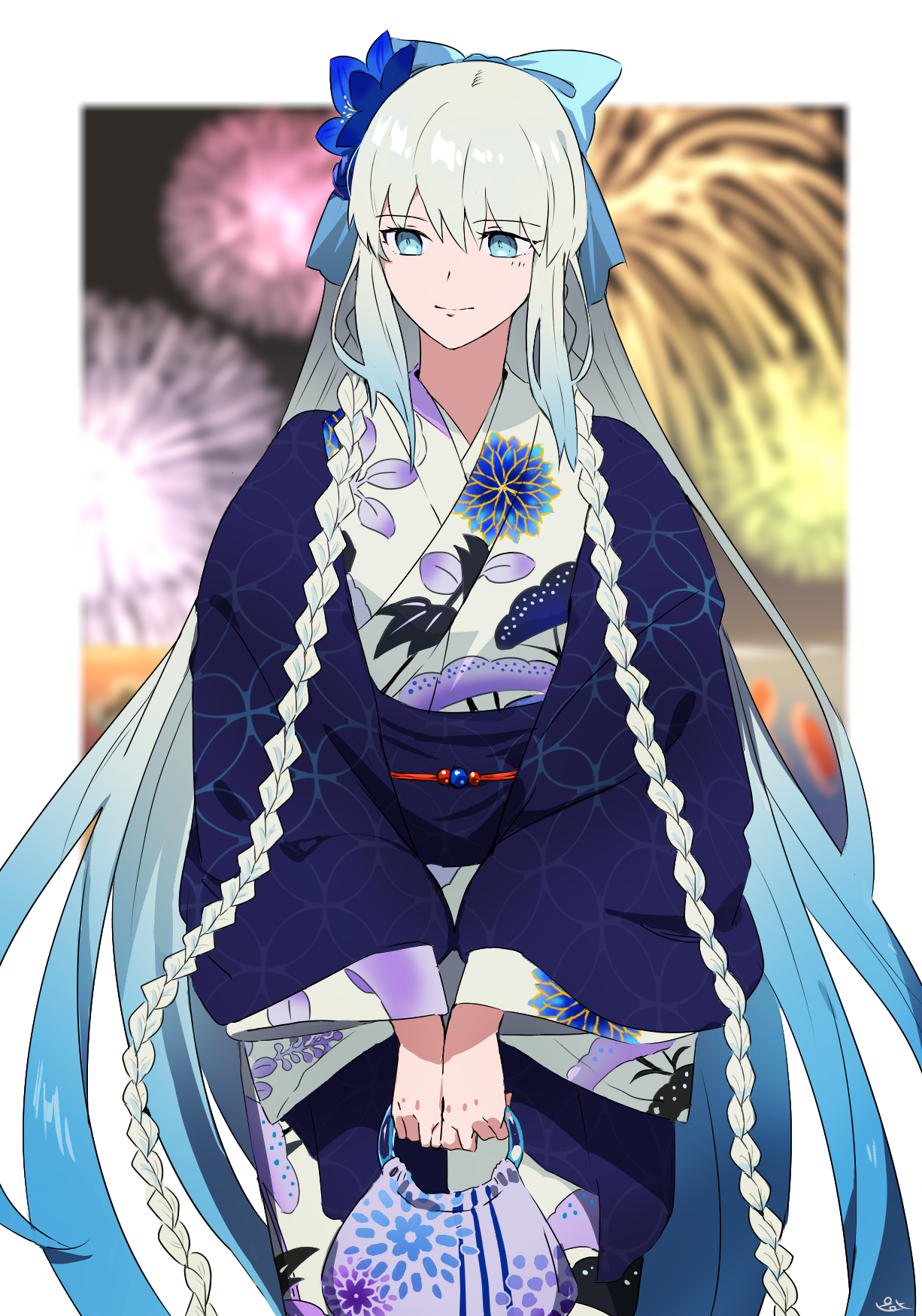 1girl blue_eyes bow braid fate/grand_order fate_(series) fireworks hair_between_eyes hair_bow highres japanese_clothes kimono long_hair morgan_le_fay_(fate) morgan_le_fay_(fgo_fes._2023)_(fate) pirohi_(pirohi214) ponytail smile solo very_long_hair white_hair
