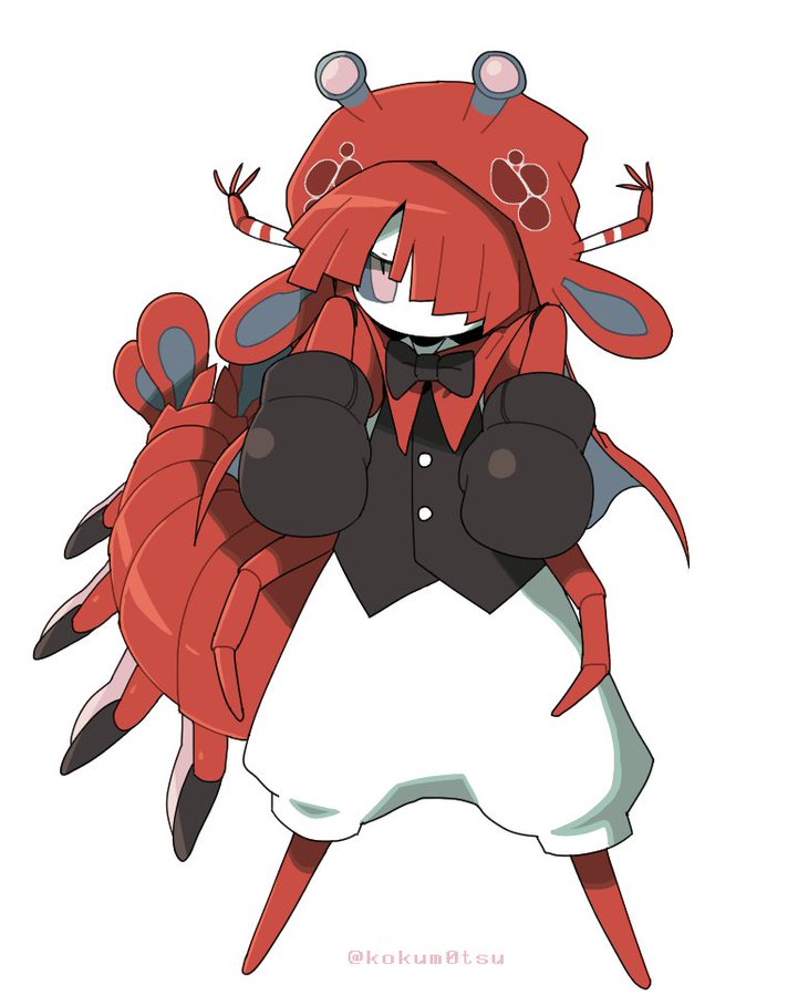 1boy angry antennae baggy_clothes bow bowtie boxing boxing_gloves button_up_skirt cape full_body hair_over_one_eye hood hood_up hoodie humanization kokum0tsu male_focus mantis_shrimp monster_boy no_mouth original pink_eyes red_hair short_hair shrimp shrimp_tail solo solo_focus vest white_background