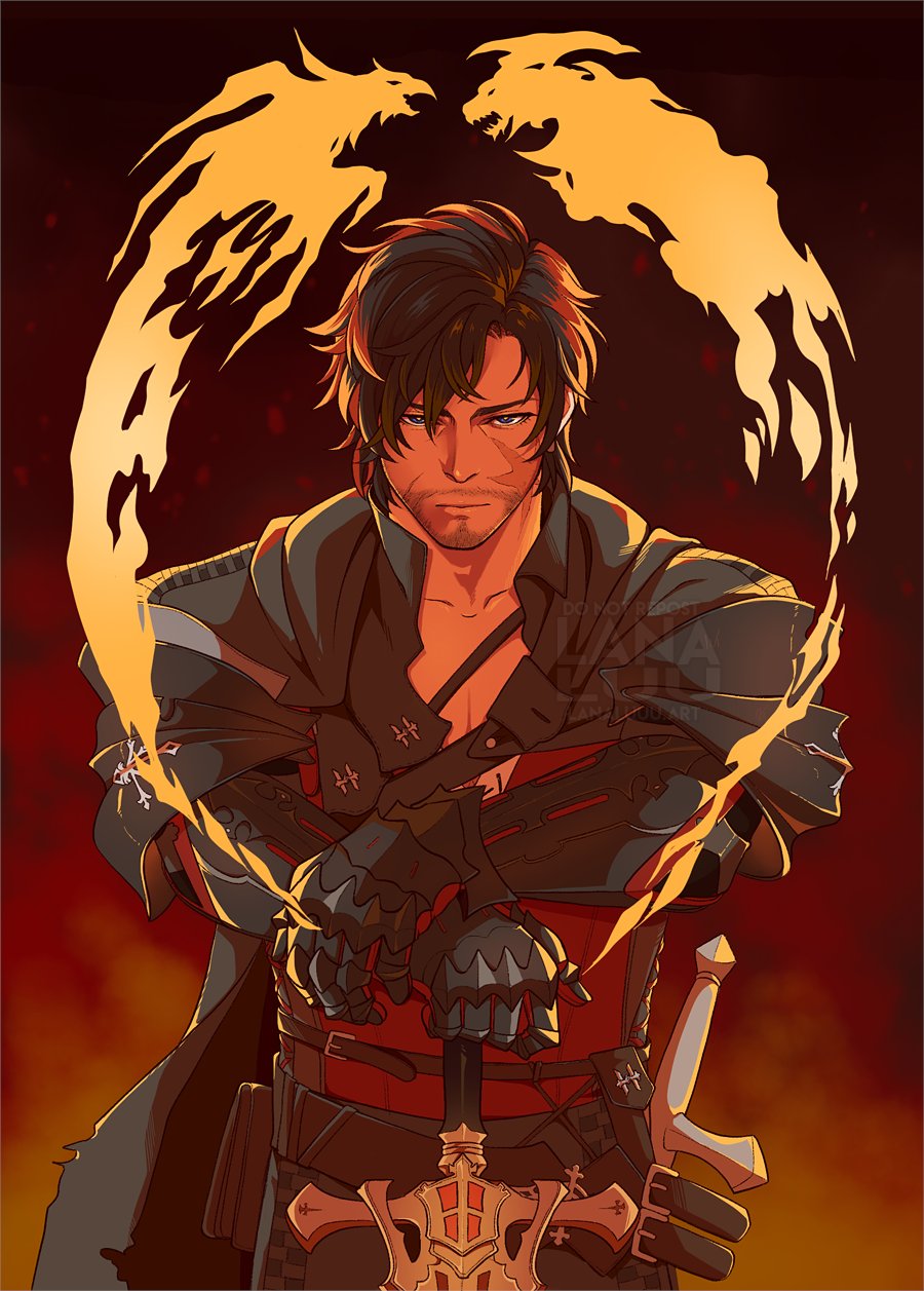 1boy black_cloak black_hair black_shirt clive_rosfield cloak closed_mouth cowboy_shot facial_hair facial_scar final_fantasy final_fantasy_xvi fire hair_between_eyes highres holding holding_sword holding_weapon ifrit_(final_fantasy) lanaluuart looking_at_viewer male_focus messy_hair metal_gloves phoenix_(final_fantasy) red_vest scar scar_on_cheek scar_on_face shirt short_hair solo stubble sword vest weapon