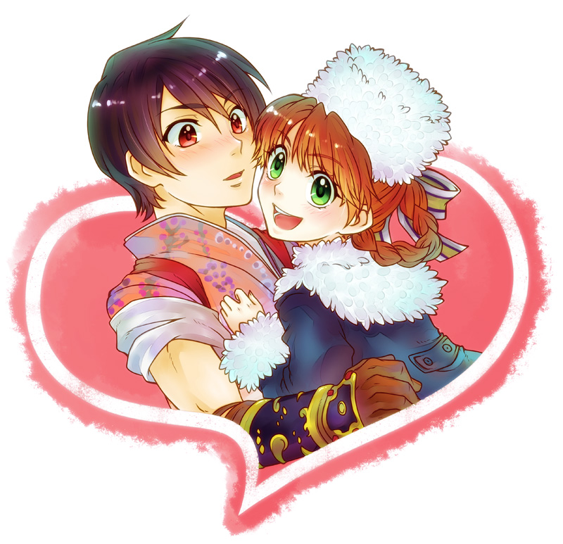 1boy 1girl anastasia_(shadow_hearts) black_hair braid brown_hair gachimatsu green_eyes hat inugami_kurando japanese_clothes red_eyes shadow_hearts shadow_hearts_ii short_hair twin_braids