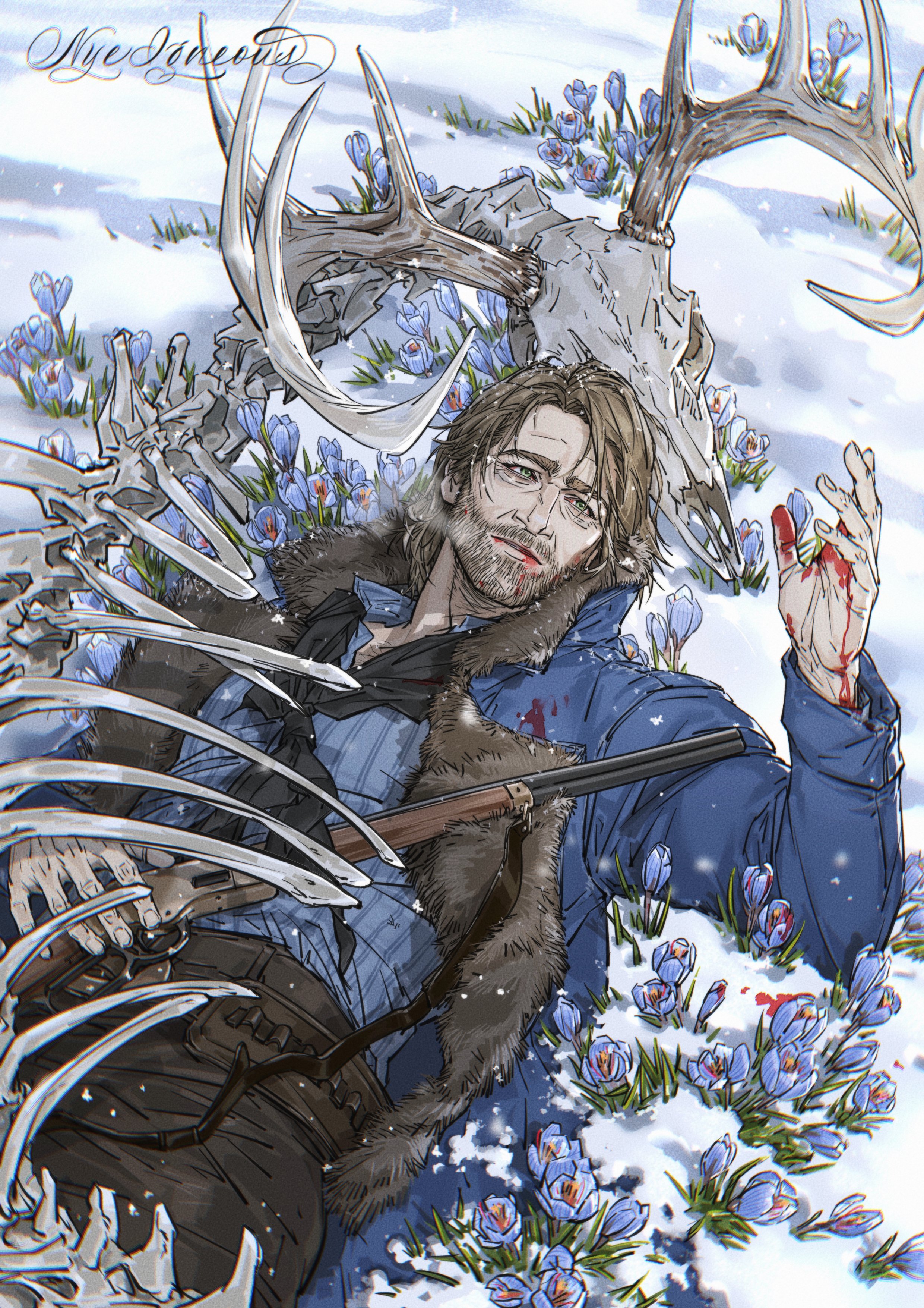 1boy absurdres animal_skeleton animal_skull arthur_morgan beard black_neckerchief blood blood_on_face blood_on_hands blue_coat blue_flower blue_shirt brown_hair brown_pants coat deer_skull facial_hair flower full_beard gun highres holding holding_gun holding_weapon male_focus neckerchief nyeigneous pants red_dead_redemption_(series) red_dead_redemption_2 ribs rifle shirt signature solo weapon