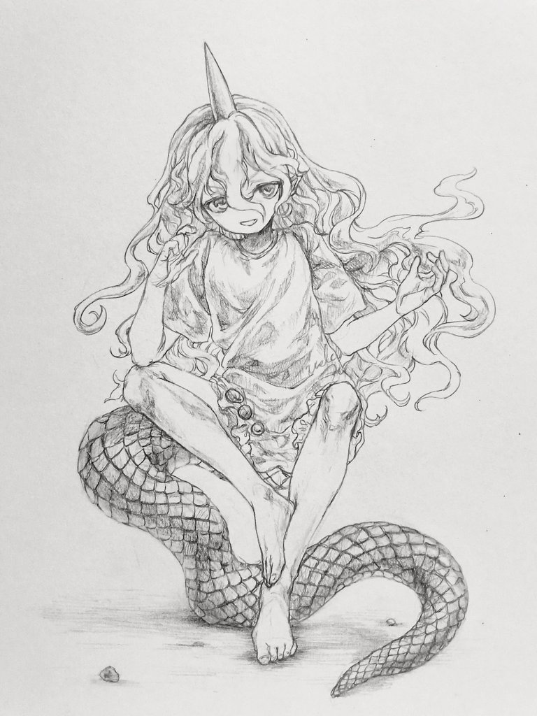 1girl bare_legs barefoot clothes_writing fang floating_hair frilled_shorts frills full_body graphite_(medium) greyscale hair_between_eyes hands_up horns ikeda_ruriko lizard_tail long_bangs long_hair looking_at_viewer monochrome open_mouth pointy_ears rock scales shadow shirt short_sleeves shorts simple_background single_horn sitting_on_tail smile solo t-shirt tail tail_support tenkajin_chiyari touhou traditional_media very_long_hair