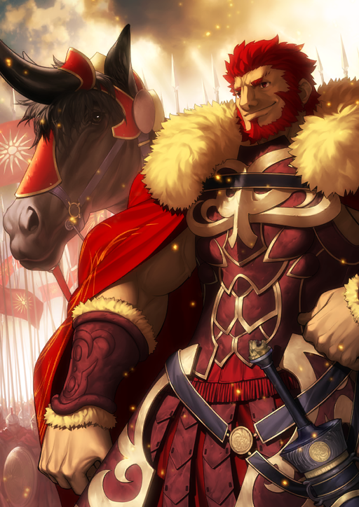 1boy arm_at_side armor beard bracer breastplate cape clenched_hand closed_mouth cowboy_shot facial_hair fate/grand_order fate_(series) faulds full_beard fur-trimmed_bracer fur-trimmed_cape fur_trim hand_on_own_hip horse ionioi_hetairoi_(fate) iskandar_(fate) light_particles male_focus mature_male muscular muscular_male official_art people red_cape red_eyes red_facial_hair red_hair red_skirt sheath sheathed short_hair skirt smile solo_focus sword takeuchi_takashi third-party_source veins warm_colored weapon