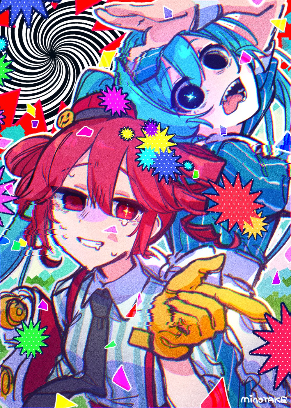 2girls black_eyes black_necktie blue_dress blue_hair collared_shirt dress drill_hair gloves hand_up hat hatsune_miku highres kasane_teto long_hair looking_at_viewer mesmerizer_(vocaloid) mi_no_take multiple_girls necktie open_mouth pink_eyes pink_hair pink_hat puffy_short_sleeves puffy_sleeves shirt short_sleeves smile striped_clothes striped_shirt suspenders tridecagram twin_drills twintails upper_body utau very_long_hair visor_cap vocaloid yellow_gloves