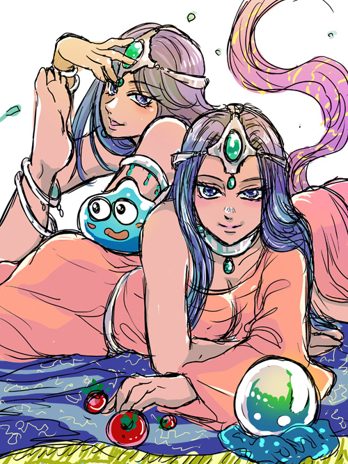 2girls anklet armlet asymmetrical_dress barefoot bracelet circlet crystal_ball dark-skinned_female dark_skin defense_zero dragon_quest dragon_quest_iv feet food forehead_jewel fruit gem green_gemstone hand_up jewelry leg_up light_blush long_hair long_sleeves lying manya_(dq4) minea_(dq4) multiple_girls on_stomach orb parted_lips purple_eyes purple_hair siblings single_bare_shoulder single_sleeve sisters slime_(dragon_quest) smile tsurime