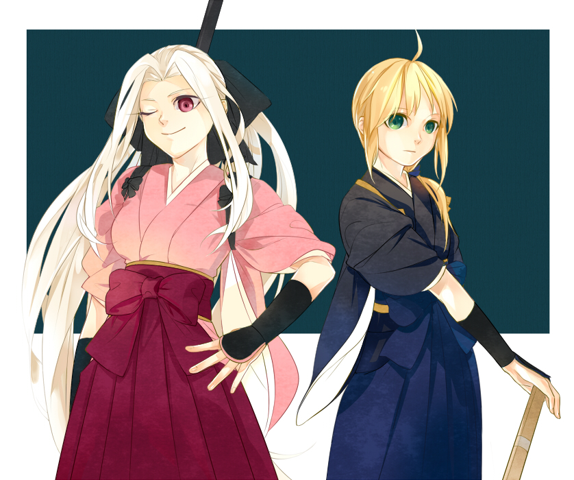 2girls ahoge artoria_pendragon_(fate) bad_id bad_pixiv_id blonde_hair fate/zero fate_(series) green_eyes instructor_iri irisviel_von_einzbern istkeinmal japanese_clothes long_hair multiple_girls official_alternate_costume one_eye_closed ponytail red_eyes saber_(fate) silver_hair smile stkeinmal wink