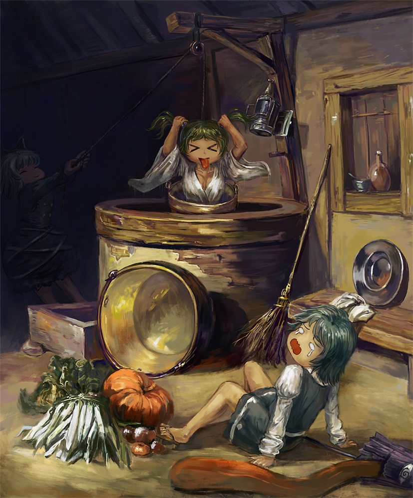 &gt;_&lt; 3girls =_= @_@ amibazh arm_support bench blonde_hair blue_eyes blue_skirt blue_vest bottle bow breasts brown_dress bucket cleavage daikon dress fine_art_parody geta green_hair hair_bow holding holding_own_hair in_bucket in_container juliet_sleeves karakasa_obake kisume kurodani_yamame lantern leaning_back long_sleeves looking_to_the_side multiple_girls o_o on_floor parody plate puffy_sleeves pulley pulling pumpkin radish rope scared short_hair sitting skirt smile surprised tatara_kogasa tears tongue tongue_out touhou two_side_up umbrella upper_body vest washpan wavy_mouth well window