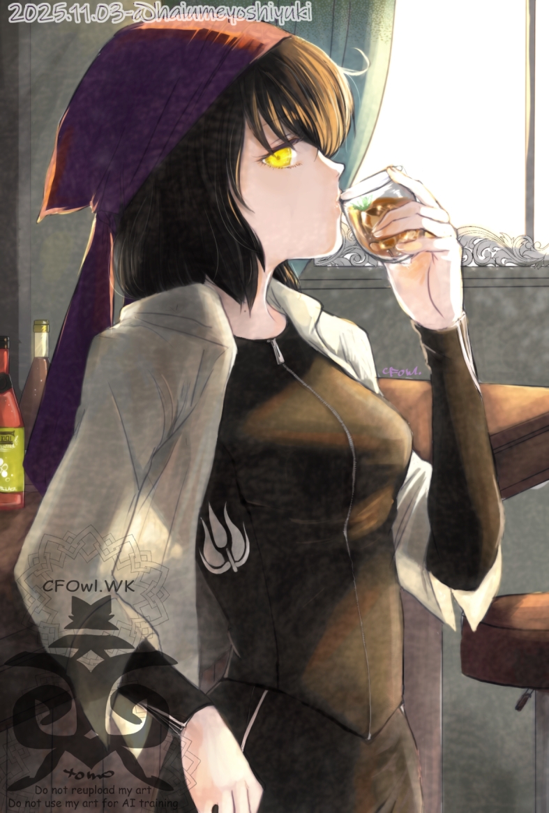1girl bandana black_shirt blake_belladonna cup dated drinking holding holding_cup ice jacket long_sleeves looking_at_viewer purple_bandana rwby shirt signature solo watermark white_jacket window yellow_eyes zipper