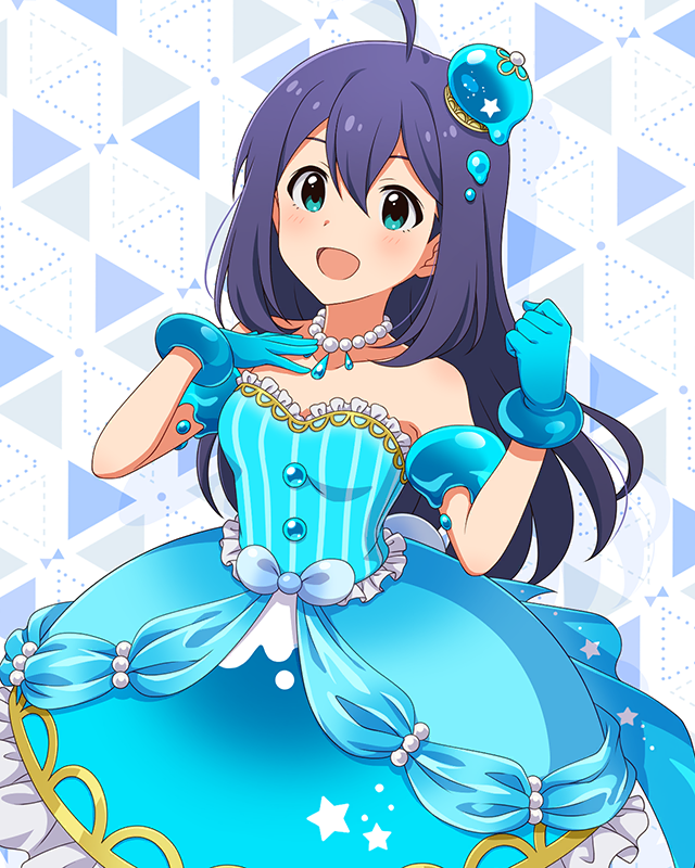 1girl ahoge aqua_dress aqua_gloves aqua_hat armlet bare_shoulders collarbone cowboy_shot dress drop_shadow frilled_dress frills gloves green_eyes hair_between_eyes hand_on_own_shoulder hands_up hat idolmaster idolmaster_million_live! idolmaster_million_live!_theater_days jewelry long_hair looking_at_viewer mini_hat mochizuki_anna monster!_slime_(idolmaster) necklace off-shoulder_dress off_shoulder official_art open_mouth pearl_necklace purple_hair smile solo standing tilted_headwear triangle