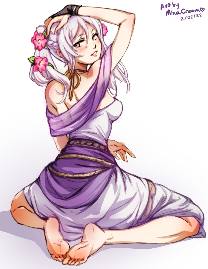 1girl artist_name bare_shoulders barefoot blush breasts brown_eyes dated feet female_robin_(fire_emblem) fire_emblem fire_emblem_awakening fire_emblem_heroes flower from_behind grey_hair hair_flower hair_ornament looking_at_viewer medium_breasts mina_cream nintendo official_alternate_costume pink_flower female_robin_(valentine)_(fire_emblem) simple_background sitting smile soles solo teeth toes twintails