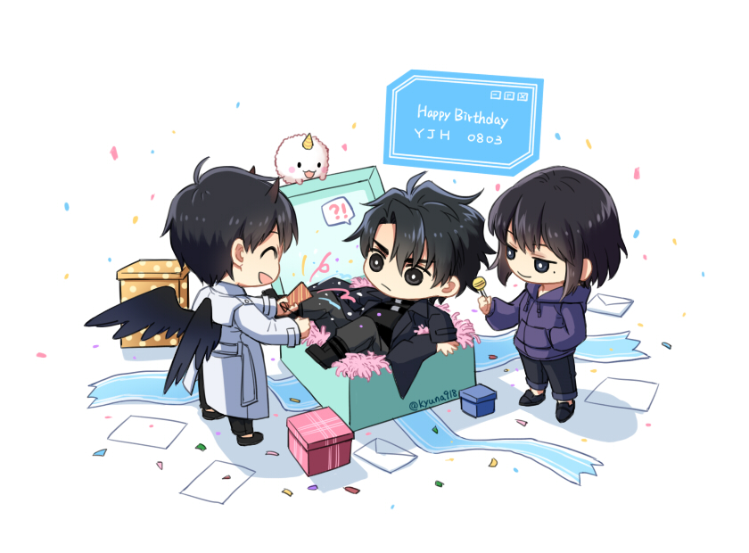 !? 1girl 2boys :3 :d ^_^ artist_name black_eyes black_hair black_wings box chibi chibi_only closed_eyes closed_mouth coat confetti han_sooyoung happy_birthday heads-up_display hood hood_down hoodie in_box in_container kim_dokja letter minimized multiple_boys omniscient_reader&#039;s_viewpoint open_mouth purple_hoodie quanna simple_background smile twitter_username user_interface v-shaped_eyebrows white_background white_coat wings yoo_joonghyuk