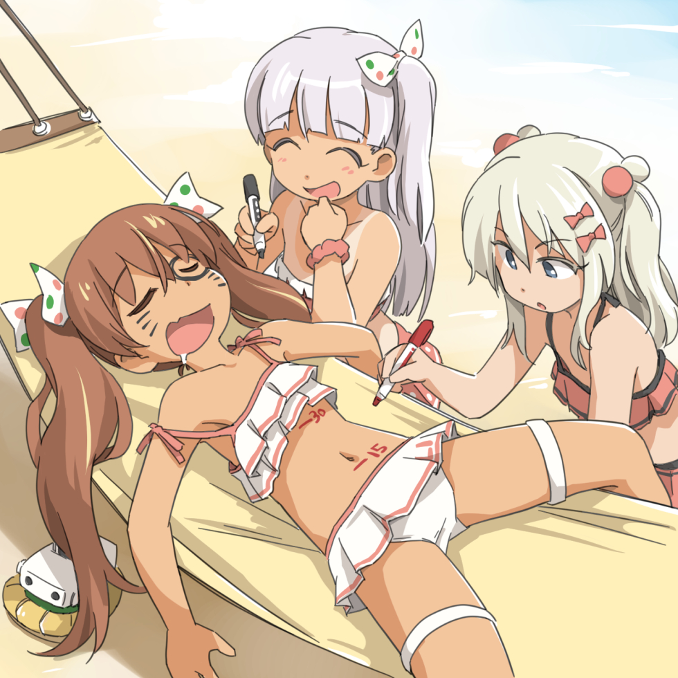 3girls bikini blonde_hair blush body_writing bow brown_hair closed_eyes commentary_request dark-skinned_female dark_skin drooling fang frilled_bikini frills grecale_(kancolle) hair_bobbles hair_bow hair_ornament hair_ribbon hammock kantai_collection libeccio_(kancolle) libeccio_(swimsuit)_(kancolle) long_hair lying maestrale_(kancolle) maestrale_kai_(swimsuit)_(kancolle) multiple_girls navel one-piece_tan open_mouth prank ribbon scrunchie side_ponytail silver_hair sleeping spread_legs strap_slip swimsuit tan tanline tewarusa thigh_strap twintails wrist_scrunchie