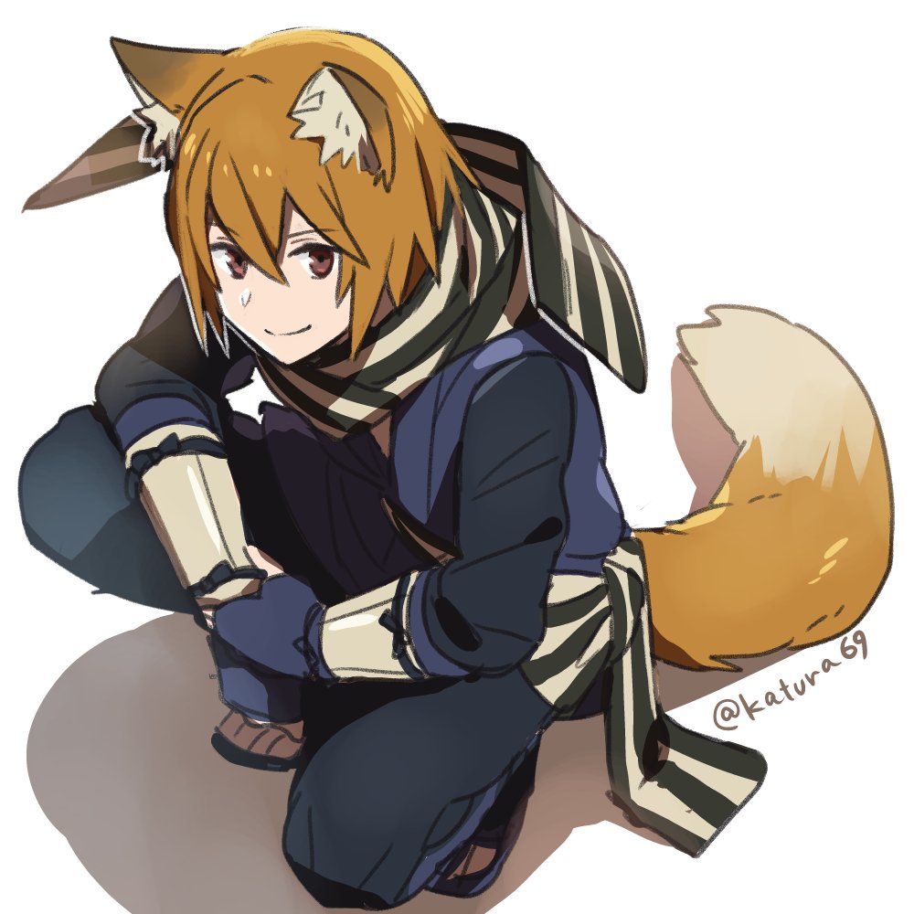 1boy animal_ears commentary_request fire_emblem fire_emblem_fates fox_boy fox_ears fox_tail japanese_clothes kaden_(fire_emblem) katsura_ichiho kitsune male_focus nintendo orange_hair scarf signature striped_clothes striped_scarf tail twitter_username