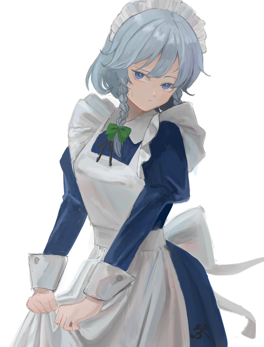 1girl apron apron_hold black_ribbon blue_dress blue_eyes bow braid closed_mouth commentary cowboy_shot dress green_bow grey_hair hair_between_eyes hair_bow highres izayoi_sakuya juliet_sleeves long_sleeves looking_at_viewer maid_apron maid_headdress medium_hair neck_ribbon puffy_sleeves ribbon ropu_1 side_braids simple_background solo touhou white_apron white_background