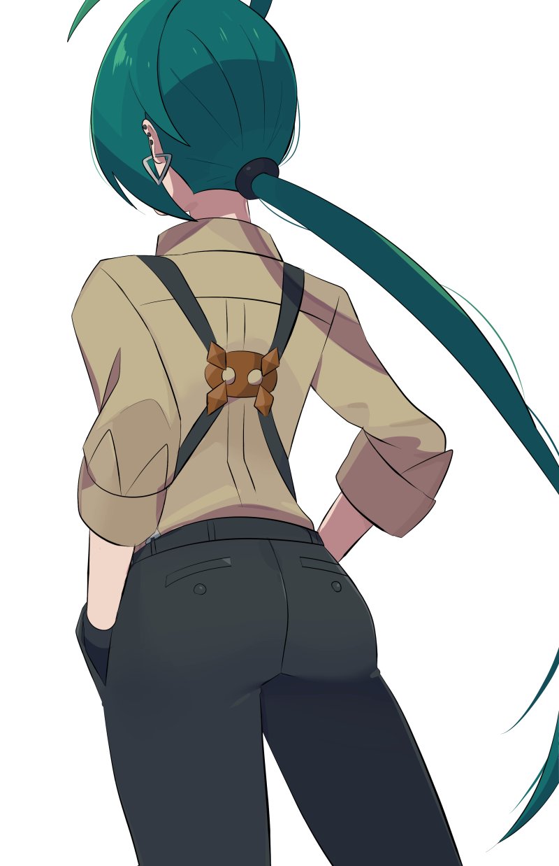 1girl ahoge androgynous ass asymmetrical_bangs back black_gloves black_pants collared_shirt creatures_(company) ear_piercing earrings flat_ass game_freak gloves green_hair hands_in_pockets highres jewelry long_hair nintendo pants piercing pokemon pokemon_sv ponytail reverse_trap rika_(pokemon) riki_(inushima_) shirt solo suspenders triangle_earrings