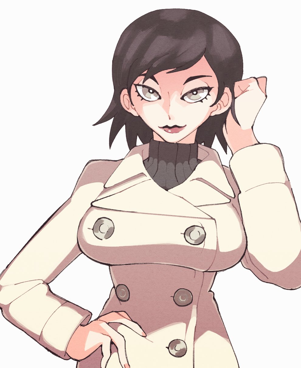 1girl atlus black_hair buttons coat grey_eyes hand_on_own_head hand_on_own_hip inkerton-kun inkuusan jacket looking_at_viewer shin_megami_tensei shin_megami_tensei_iii:_nocturne short_hair smile solo sweater takao_yuko turtleneck turtleneck_sweater white_coat white_jacket