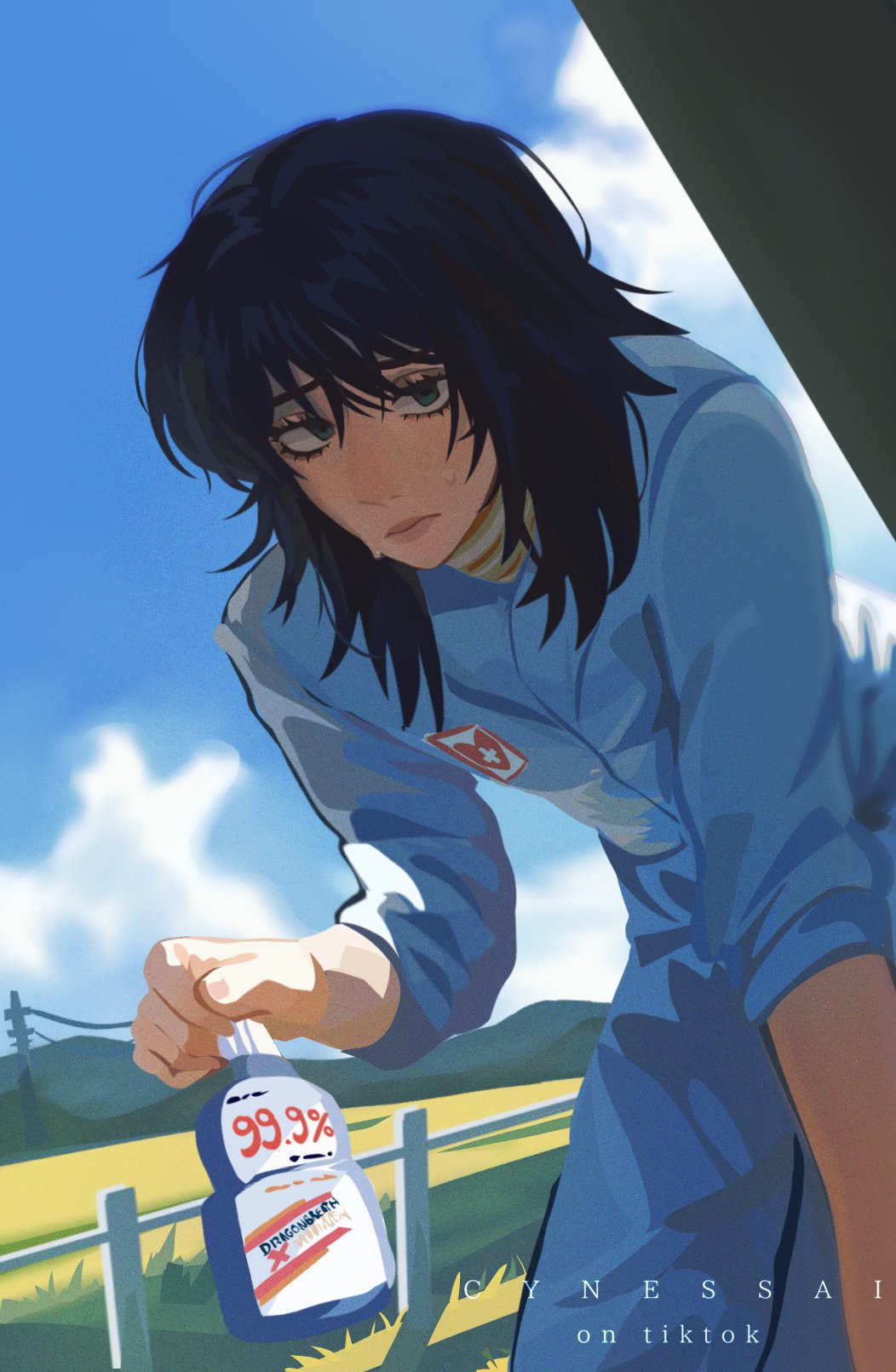 1girl anya_(mouthwashing) black_hair blue_eyes blue_jumpsuit bottle cynessai highres jumpsuit long_hair long_sleeves looking_at_viewer medium_hair mouthwash mouthwashing shirt sky solo sweat