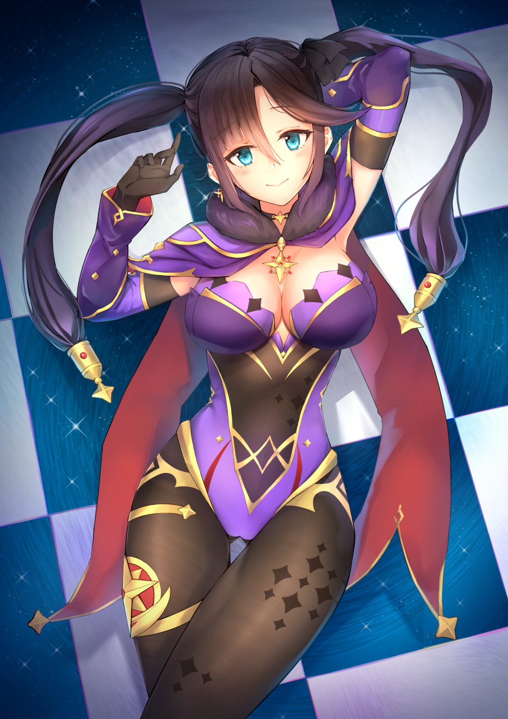 1girl arm_behind_head armpits black_gloves black_hair black_pantyhose blue_eyes breasts cape choker cleavage commentary detached_sleeves earrings english_commentary genshin_impact gloves hair_between_eyes hair_ornament highres indonesian_commentary jewelry large_breasts leotard long_hair long_sleeves looking_at_viewer looking_up lying medium_breasts mixed-language_commentary mona_(genshin_impact) on_back pantyhose purple_leotard rizihike sidelocks solo twintails
