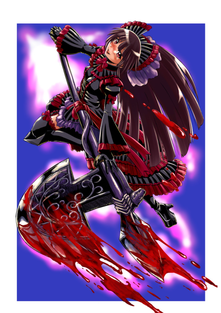 1girl axe battle_axe black_hair blood blood_splatter bloody_weapon blunt_bangs blush bow breasts frilled_bow frilled_sleeves frills full_body garter_straps gate_-_jieitai_ka_no_chi_nite_kaku_tatakaeri gothic_lolita hair_bow high_heels holding holding_weapon lolita_fashion long_hair looking_at_viewer red_eyes red_ribbon ribbon rory_mercury sao_satoru small_breasts smile solo thighhighs very_long_hair weapon wide_sleeves zettai_ryouiki
