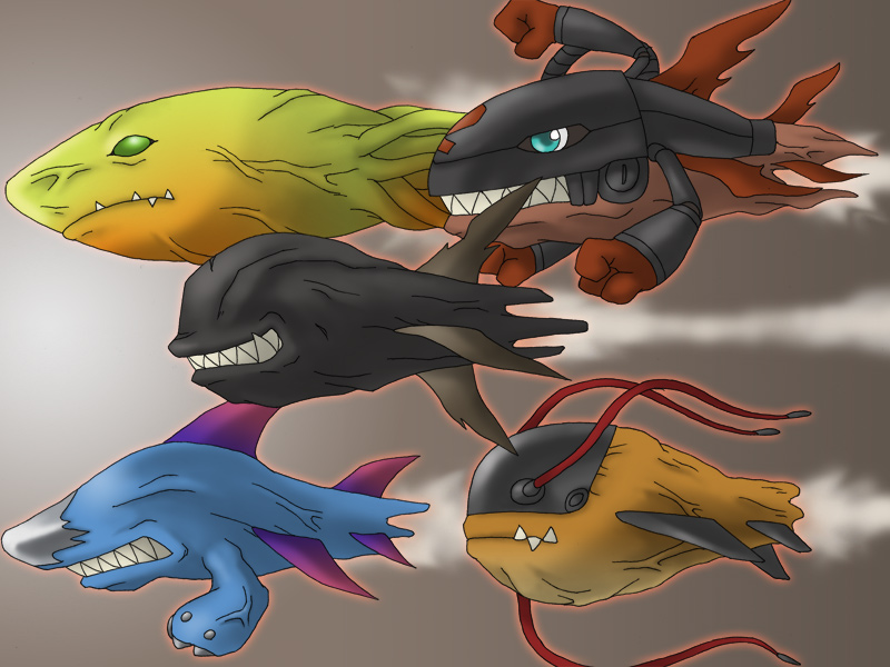 blue_eyes cyborg digimon gigadramon green_eyes living_weapon megadramon metalgreymon metaltyranomon missile sharp_teeth skullgreymon smile teeth veins