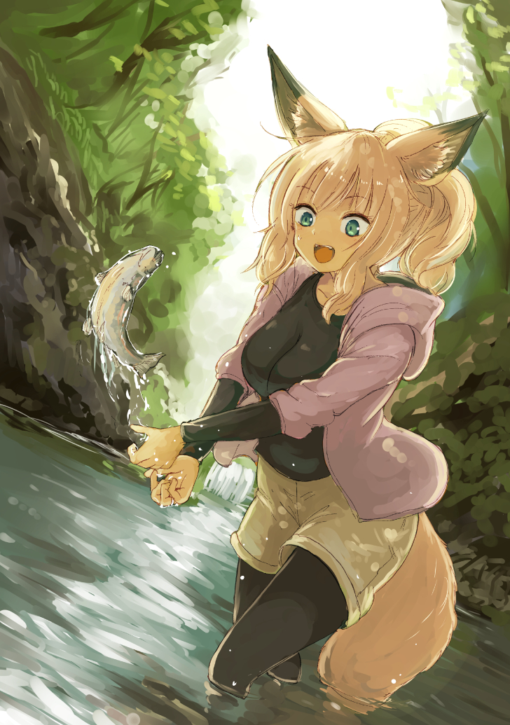 1girl :d animal_ear_fluff animal_ears batta_(kanzume_quality) black_wetsuit blonde_hair commentary_request dappled_sunlight dropping fish fox_ears fox_girl fox_tail fox_wife_(batta_(kanzume_quality)) hood hood_down hoodie kitsune_no_oyome-chan light_particles looking_at_animal nature open_mouth outdoors paid_reward_available pink_hoodie ponytail refraction riverbank shorts smile solo stream sunlight tail tree wading water_drop wet