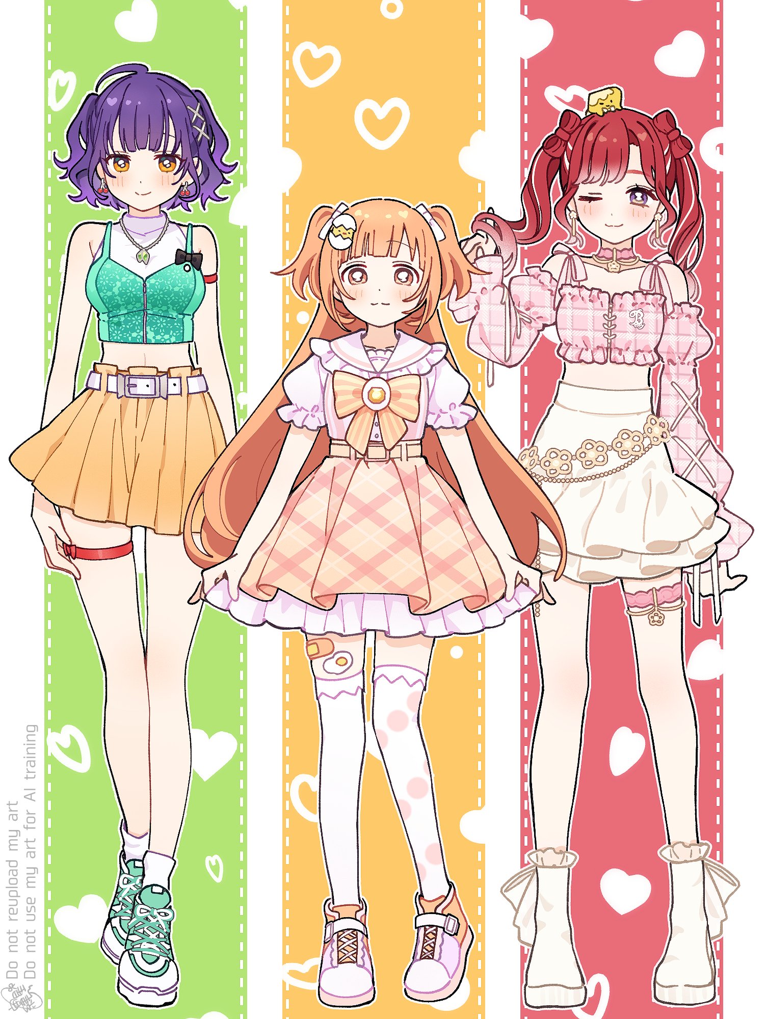 3girls ahoge aqua_shirt aqua_shoes bandaid bandaid_on_leg belt belt_buckle black_bow blush boots bow bow-shaped_hair bowtie brooch buckle cherry_earrings choker closed_mouth collarbone collared_shirt commentary crop_top cross-laced_clothes cross-laced_sleeves detached_sleeves earrings egg_hair_ornament eyelashes flower flower_earrings flower_necklace food-themed_earrings food-themed_hair_ornament food_themed_earrings frilled_boots frilled_shirt frilled_shirt_collar frilled_skirt frilled_sleeves frills gem green_background hair_ornament hair_ribbon hand_up heart high-waist_skirt highres jewelry kirara_tamako kirara_tamako_(2nd_costume) long_hair long_sleeves looking_at_viewer multicolored_hair multicolored_shoes multiple_girls nanase_suzuna nanase_suzuna_(2nd_costume) necklace nijisanji one_eye_closed orange_background orange_bow orange_bowtie orange_eyes orange_hair orange_shoes parted_bangs pink_choker pink_shirt pink_shoes pink_skirt pink_sleeves plaid_clothes plaid_shirt plaid_skirt plaid_sleeves pleated_skirt polka_dot_thighhighs puffy_detached_sleeves puffy_long_sleeves puffy_short_sleeves puffy_sleeves purple_eyes purple_hair red_background red_hair ribbon saotome_berry saotome_berry_(2nd_costume) shirt shoes short_hair short_sleeves sidelocks signature skirt sleeveless sleeveless_shirt smile socks sorahoshi_ichino spaghetti_strap split_mouth standing streaked_hair striped_bow striped_bowtie striped_clothes symbol-only_commentary thigh_strap thighhighs turtleneck twintails two-tone_shoes two_side_up very_long_hair virtual_youtuber watermark wavy_hair white_background white_belt white_boots white_hair white_ribbon white_shirt white_shoes white_skirt white_socks white_thighhighs x_hair_ornament yellow_gemstone yellow_skirt