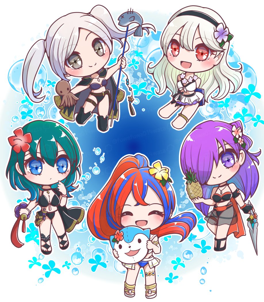 5girls female_alear_(fire_emblem) bikini bikini_skirt black_bikini black_cape black_choker black_hairband blue_bikini blue_eyes blue_hair breasts brown_gloves cape character_ball choker cleavage female_corrin_(fire_emblem) female_corrin_(novice_vacationer)_(fire_emblem) criss-cross_halter crossed_bangs female_alear_(fire_emblem) female_alear_(seaside_dragon)_(fire_emblem) female_byleth_(fire_emblem) female_byleth_(summer)_(fire_emblem) female_robin_(fire_emblem) female_robin_(seaside_tactician)_(fire_emblem) female_shez_(fire_emblem) female_shez_(summer)_(fire_emblem) fire_emblem fire_emblem:_three_houses fire_emblem_awakening fire_emblem_engage fire_emblem_fates fire_emblem_heroes fire_emblem_warriors:_three_hopes flower flower_necklace food fruit fuwafuwa014wata gloves green_hair hair_between_eyes hair_flower hair_ornament hair_over_one_eye hairband halterneck heterochromia hibiscus holding holding_food holding_fruit jewelry large_breasts long_hair looking_at_viewer multicolored_bikini multicolored_hair multicolored_swimsuit multiple_girls necklace nintendo o-ring o-ring_bikini o-ring_top octopus official_alternate_costume official_alternate_hairstyle pineapple pointy_ears ponytail purple_bikini purple_eyes purple_hair red_bikini red_eyes red_hair smile sommie_(fire_emblem) split-color_hair swimsuit twintails two-tone_hair white_bikini white_flower white_hair
