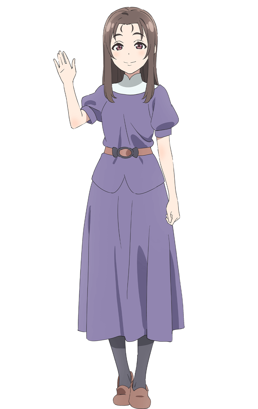 1girl black_socks brown_hair brown_shoes closed_mouth full_body genjitsu_no_yohane hand_up highres long_hair looking_at_viewer love_live! love_live!_sunshine!! official_art puffy_short_sleeves puffy_sleeves purple_shirt purple_skirt shima_(genjitsu_no_yohane) shirt shoes short_sleeves simple_background skirt skirt_set smile socks solo tachi-e takami_shima transparent_background
