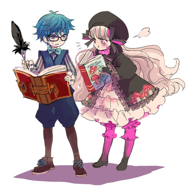 10s 1boy 1girl alice_(fate) book fate/extra fate/extra_ccc fate/grand_order fate_(series) glasses hans_christian_andersen_(fate) hat long_hair md5_mismatch mob_cap nair_(mindcreator) nursery_rhyme_(fate) nursery_rhyme_(fate/grand_order) nursery_rhyme_(third_ascension)_(fate) pout quill resized resolution_mismatch ribbon source_larger