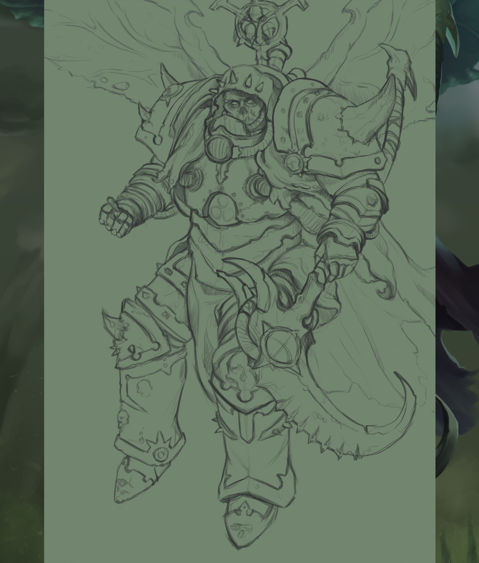 1boy armor armored_boots boots breastplate cataracts chain chaos_(warhammer) clawed_gauntlets clenched_hand colored_skin commentary couter crotch_plate cuirass death_guard demon_primarch demon_wings english_commentary flying full_body gauntlets greaves green_background grohgrog highres holding holding_scythe holding_weapon insect_wings inset leg_armor lineart making-of male_focus mask monster mortarion moth_wings no_nose nurgle pauldrons pelvic_curtain poleyn power_armor primarch rerebrace respirator scythe shoulder_armor shoulder_spikes silence_(weapon) simple_background sketch skull skull_ornament spiked_hood spiked_pauldrons spikes torn_wings warhammer_40k weapon white_eyes wings