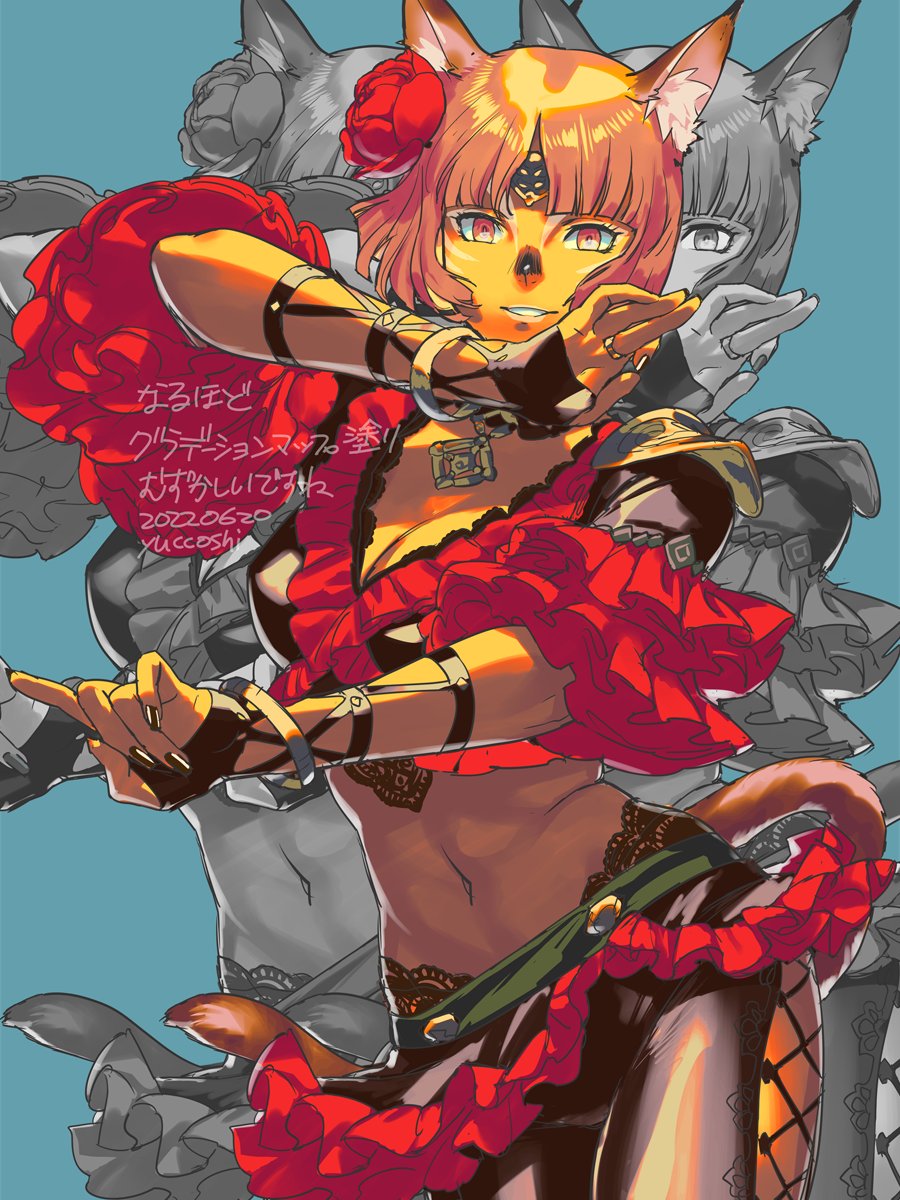 1girl 2022 adventurer_(ff11) animal_ear_fluff animal_ears artist_name black_nails black_pants black_shirt bracelet breasts brown_tail cat_ears cat_girl cat_tail cleavage dancer dancer_(final_fantasy) dated facial_mark final_fantasy final_fantasy_xi fingernails flamenco flower highres jewelry blue_background medium_breasts mithra_(ff11) nail_polish navel orange_eyes pants parted_bangs red_flower ring shirt short_hair simple_background smile solo tail whisker_markings white_lips yuccoshi