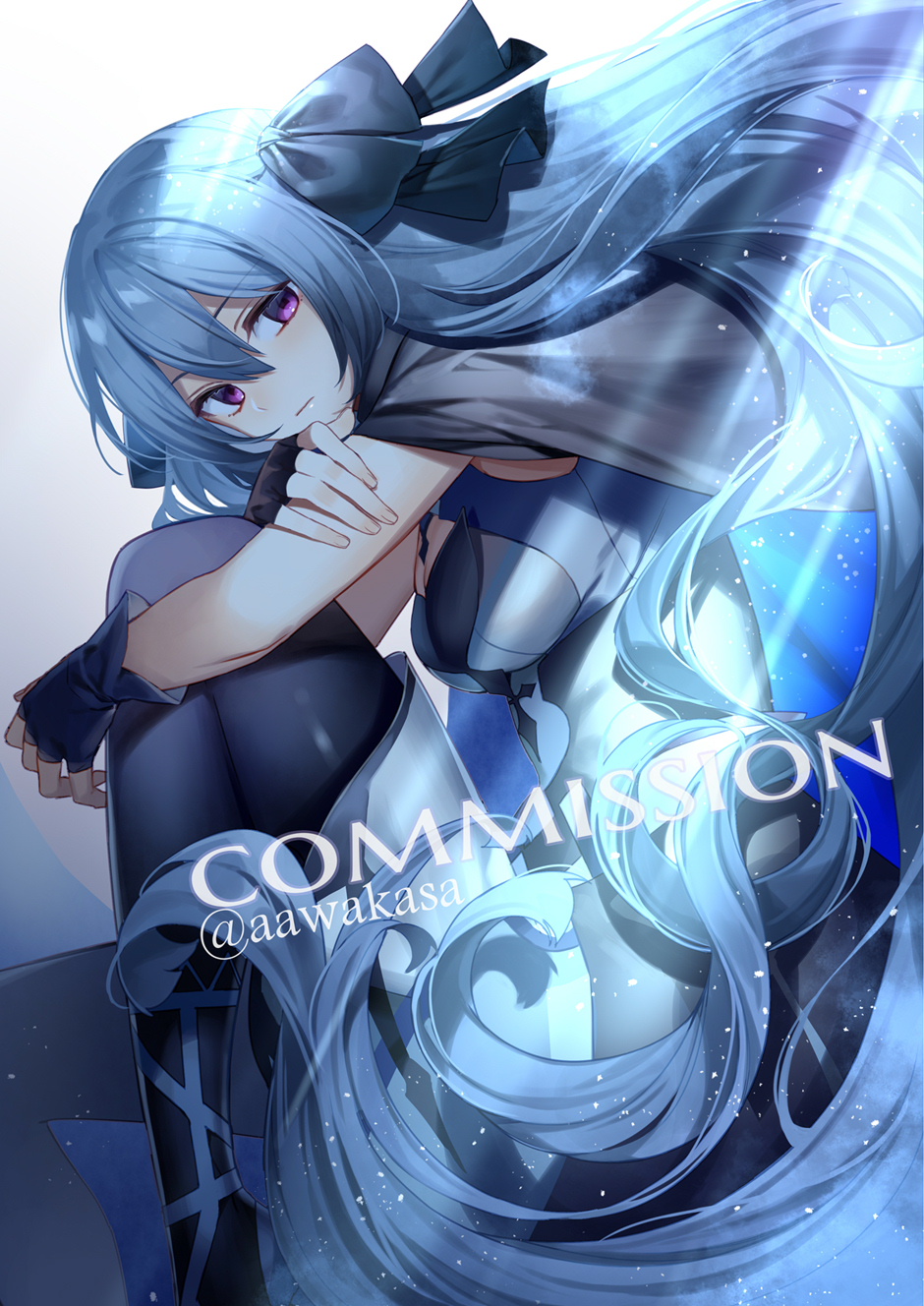 1girl black_bow black_gloves black_pantyhose blue_hair blush bow breasts commentary commission copyright_request feet_out_of_frame fingerless_gloves gloves hair_between_eyes hair_bow highres hugging_own_legs knees_up long_hair looking_at_viewer looking_to_the_side medium_breasts pantyhose purple_eyes ryuuki_(hydrangea) skeb_commission solo twitter_username very_long_hair watermark