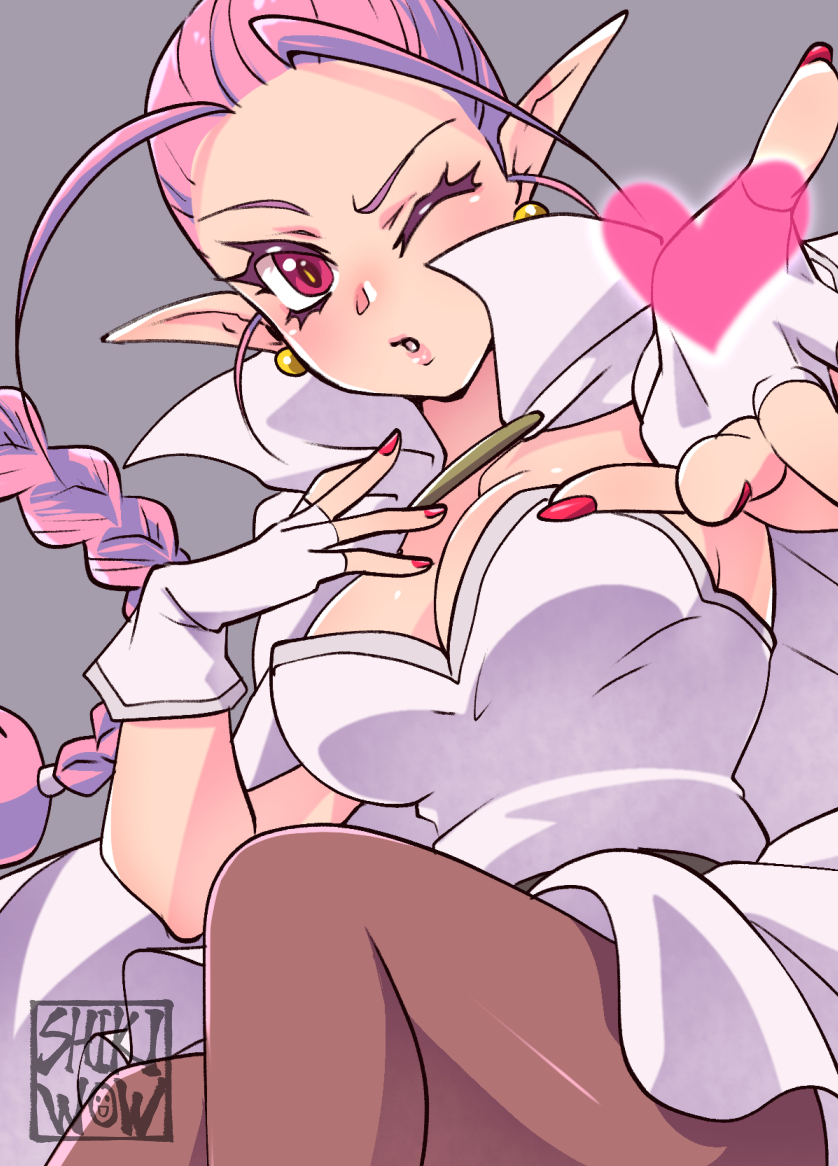 artist_name blowing_kiss breasts brown_pantyhose cape chrono_trigger cleavage earrings fingerless_gloves flea_(chrono_trigger) gloves grey_background jewelry one_eye_closed pantyhose pink_hair pointy_ears red_eyes shikiwo shirt white_cape white_gloves white_shirt