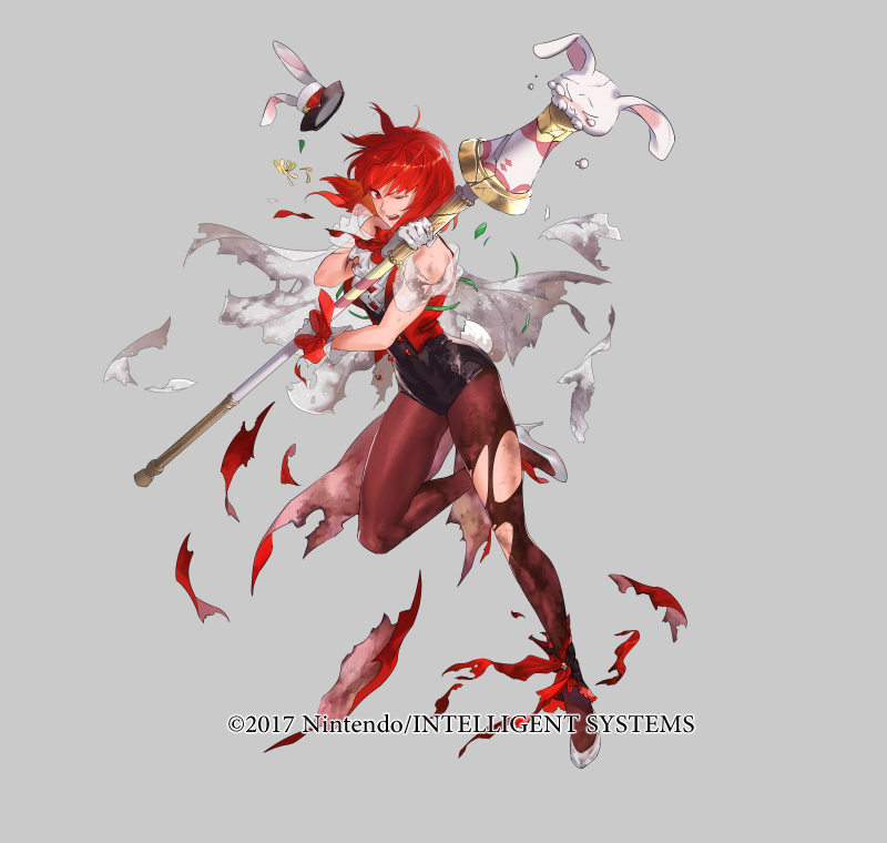 1girl bare_shoulders breasts broken broken_weapon capelet copyright_notice fire_emblem fire_emblem:_mystery_of_the_emblem fire_emblem_heroes full_body gloves grey_background hat high_heels holding leg_up leotard mayo_(becky2006) medium_breasts minerva_(fire_emblem) minerva_(spring)_(fire_emblem) mini_hat nintendo official_art one_eye_closed open_mouth pantyhose petals polearm rabbit_tail red_eyes red_hair short_hair sleeveless smile solo tail torn_clothes torn_pantyhose weapon white_gloves