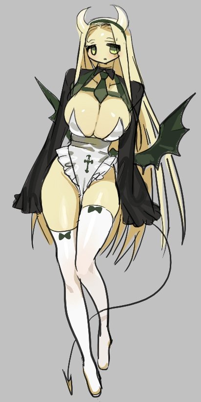1girl between_breasts blonde_hair breasts cleavage demon_girl demon_horns demon_tail demon_wings eeeeee03714610 frills full_body green_eyes grey_background horns huge_breasts large_breasts long_hair looking_at_viewer monster_girl necktie original simple_background sketch solo standing tail thighhighs very_long_hair wings